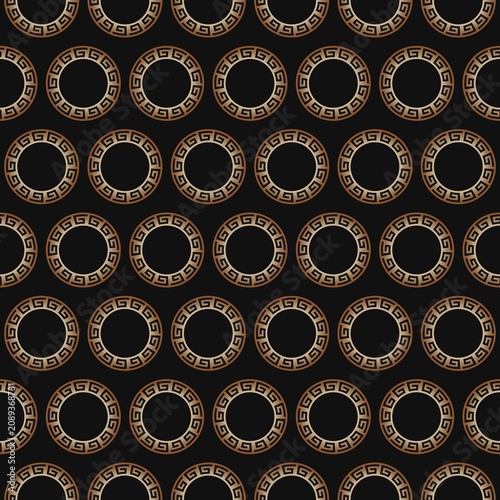 Luxury Greek key seamless pattern. Golden bronze meander circular rings with a metallic gradient texture on a dark black background for classic Versace style decor