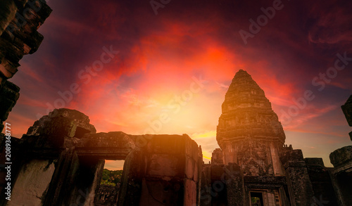 Canvastavla Landscape of Phimai Historical Park with sunset sky