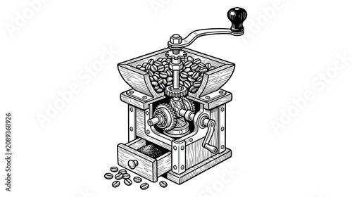 Vintage Coffee Grinder with Beans, Hand Crank, Engraved Style Illustration