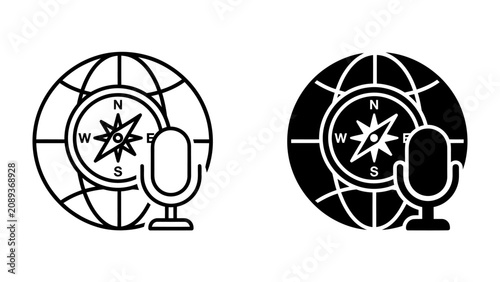 Tableau sur toile Global Exploration with Audio Guide: Iconic representation of global travel and exploration, featuring a stylized globe, a compass for navigation, and a microphone for audio guidance