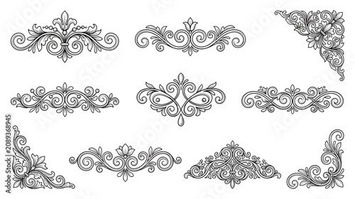 Vintage Ornamental Flourish Elements, Decorative Swirls, Corner Accents, Ornate Borders