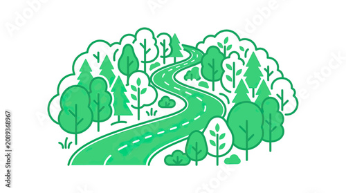 Winding Green Road Through Lush Forest Trees, Scenic Nature Journey