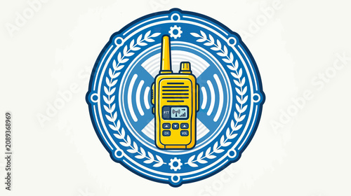 Yellow walkie-talkie emblem with radio waves and laurel wreath, communication icon