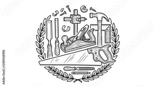 Vintage Woodworking Tools Emblem Hand Drawn Sketch