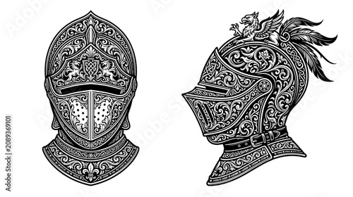 Ornate Knight Helmets, Medieval Armor, Historical Warrior Headwear, Black and White Illustration