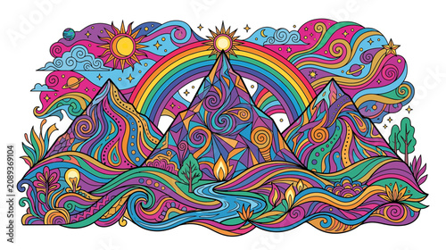 Psychedelic Mountain Landscape with Rainbow and Sun
