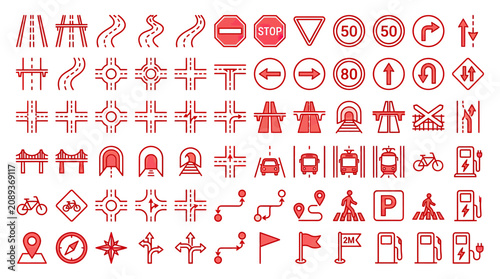 Road Signs and Traffic Symbols Collection: Navigation, Directions, and Transportation Icons