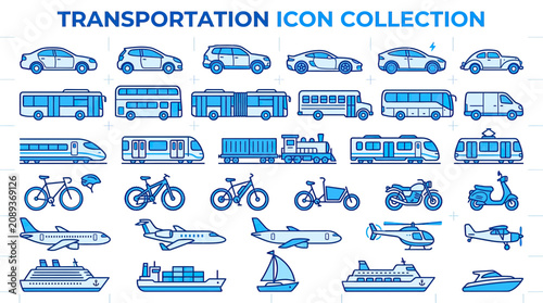 Transportation Icons Collection: Cars, Buses, Trains, Planes, Bikes, Ships, and More