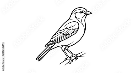 Simple Line Drawing of a Sparrow Perched on a Branch