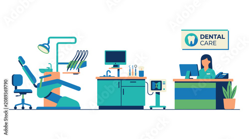 Modern Dental Clinic Interior Scene - Doctor, Chair, Reception Desk, Equipment