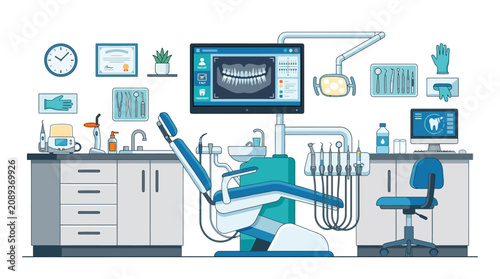 Modern Dental Clinic Interior with Digital X-Ray and Equipment - Flat Illustration