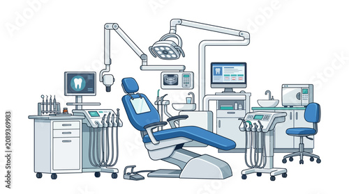 Modern Dental Clinic Interior with Equipment, Dental Chair, Monitors and Tools