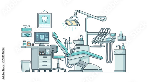 Modern Dental Clinic Room with Chair, Tools, and Equipment - Clean Illustration