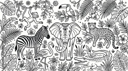 Canvas Print Jungle animals coloring page for children.