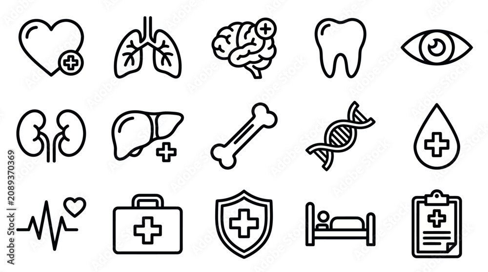 Fototapeta premium Human organ and medical equipment line icon set.
