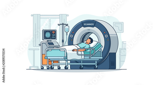 Patient undergoing MRI scan in modern medical examination room flat illustration