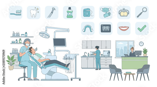 Dental Clinic Scene: Dentist, Patient, Reception & Icons