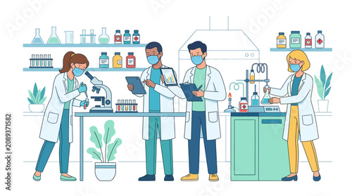 Diverse scientists in lab coats working, research, microscope, beakers, DNA