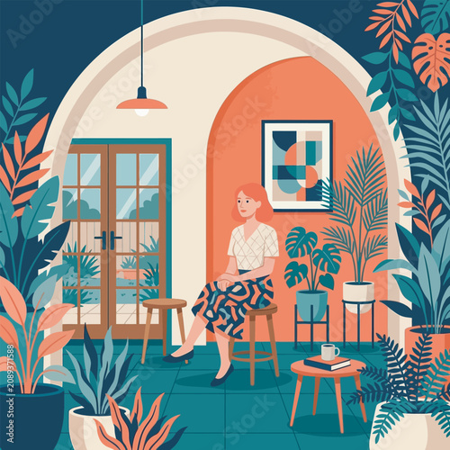Modern Indoor Living Room with Woman and Tropical Plants Vector