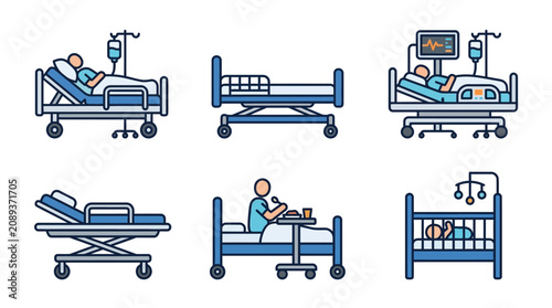 Hospital Beds Collection: Patient, Cot, Stretcher, Medical Equipment Icons