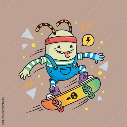 Playful Alien Kid on Skateboard Vector Art