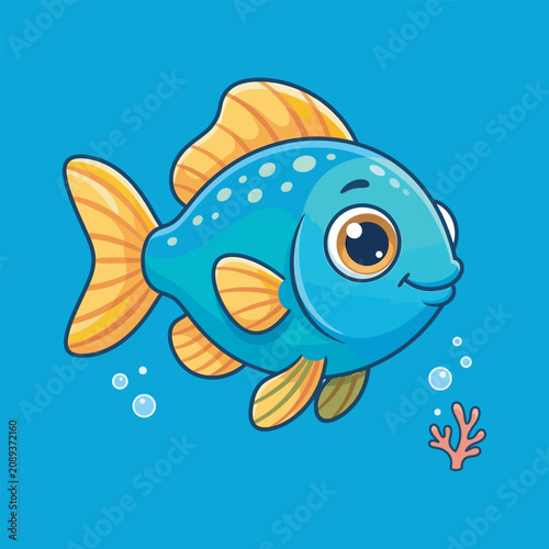 Cute Cartoon Fish Character Swimming In Light Blue Ocean Water