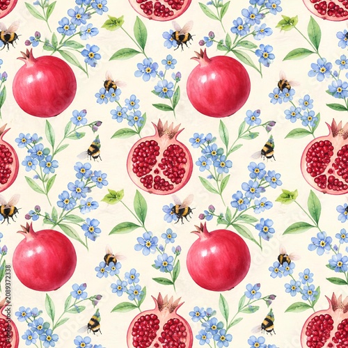 seamless pattern with pomegranates and blue forget me not flower 