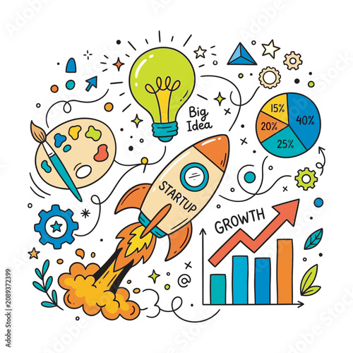 Whimsical Hand Drawn Business Startup Rocket Launch Concept Illustration