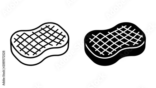Foto Steak Icon Set: Two stylized representations of a grilled steak, one outlined and one solid black, showcasing a simple and clear graphic for culinary themes
