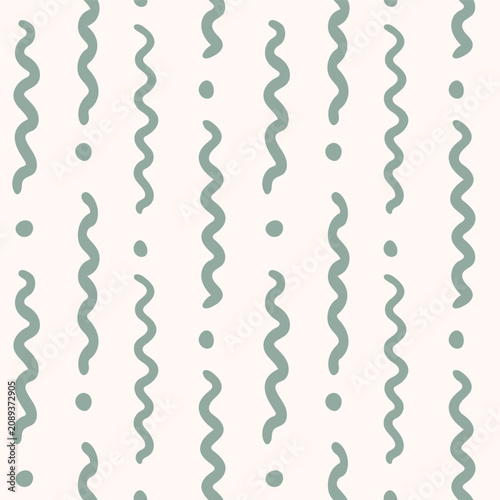 Hand drawn vertical worm lines and dots as an organic stripes design in colors of muted green on beige. Abstract blender seamless vector pattern. Great for home decor, fabric, wallpaper, gift wrap.