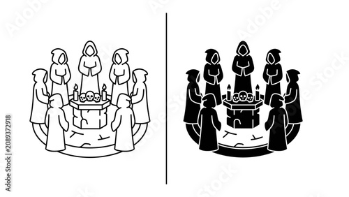 Принти на полотні Ritual Gathering: A group of figures in hooded robes stand in a circle around a stone altar, engaged in a mysterious ritual, with candles and skull as symbolic elements