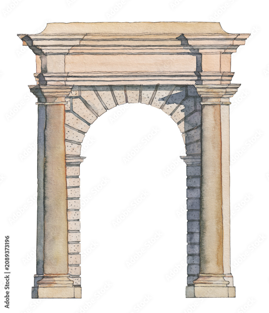 Obraz premium Hand Painted Watercolor Illustration of a Classical Stone Archway and Portal, Isolated on White or Transparent Background