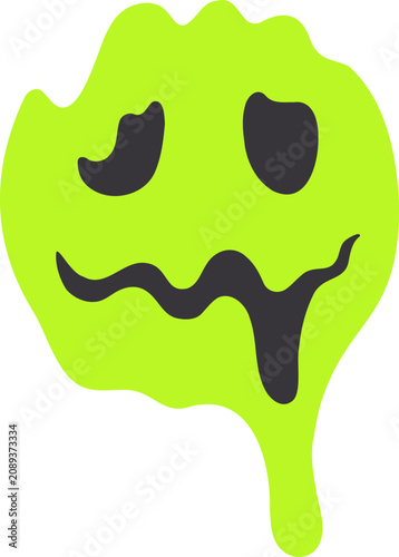 Melting lime green emoji face with dripping dark features