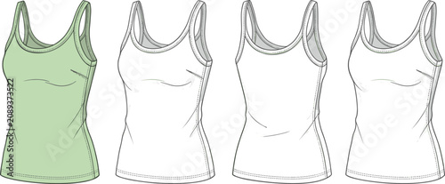 Women tank top technical sketch template showing front and back 3D views