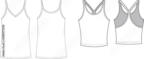 Fotografie Women strappy camisole and racerback tank top technical sketch template front an