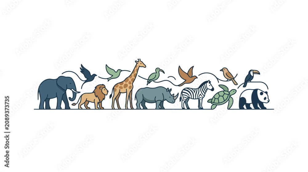 Obraz premium A colorful collection of diverse wild animals arranged in a horizontal line.