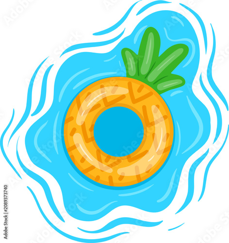 Pineapple shaped inflatable ring floating on rippling blue water, ready for summer fun