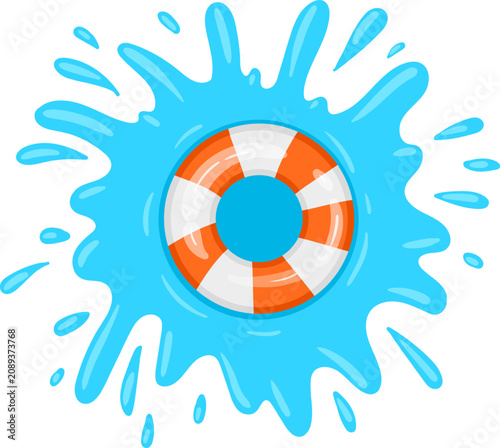 Orange and white lifebuoy is splashing in blue water, creating a dynamic summer illustration