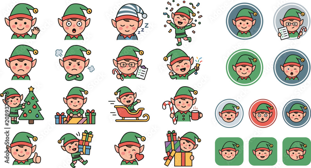 Fototapeta premium Flat vector illustration of Christmas elf character avatar emoji set showing various facial expressions and festive holiday activities