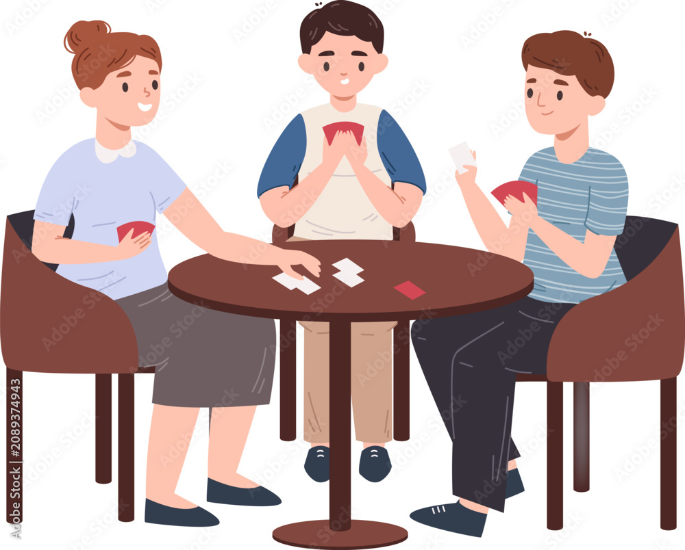 Obraz premium Three friends having fun sitting at a table playing a card game on a white background