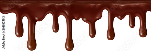 Dark chocolate liquid drips downwards, forming a delicious, flowing border on a white background