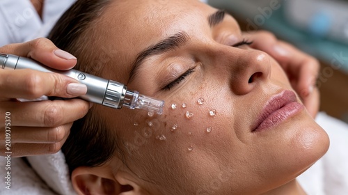 Close-up macro shot of exosome microneedling treatment on female facial skin, dermatologist holding microneedling pen with fine needles, tiny droplets of exosome serum on skin surface