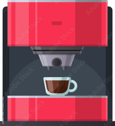 Foto Red coffee maker brewing hot coffee into a small glass cup