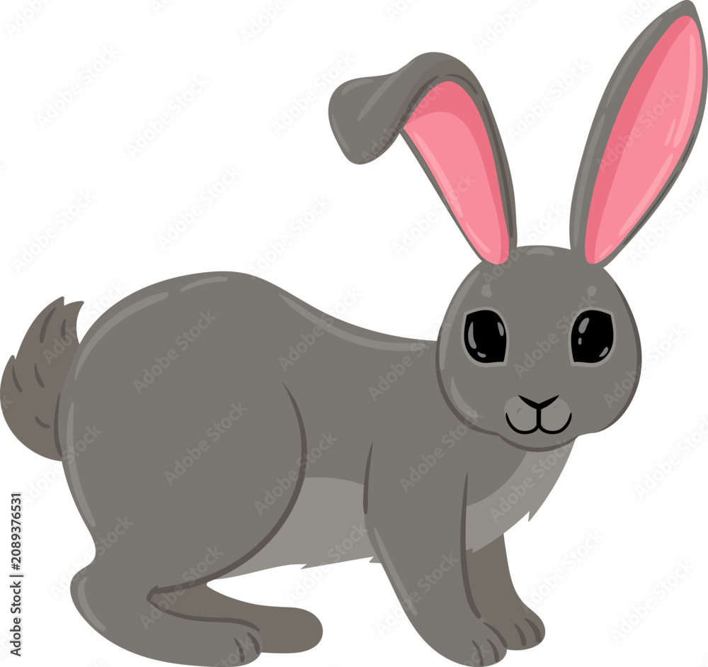 Fototapeta premium Gray cartoon rabbit illustration standing with pink ears