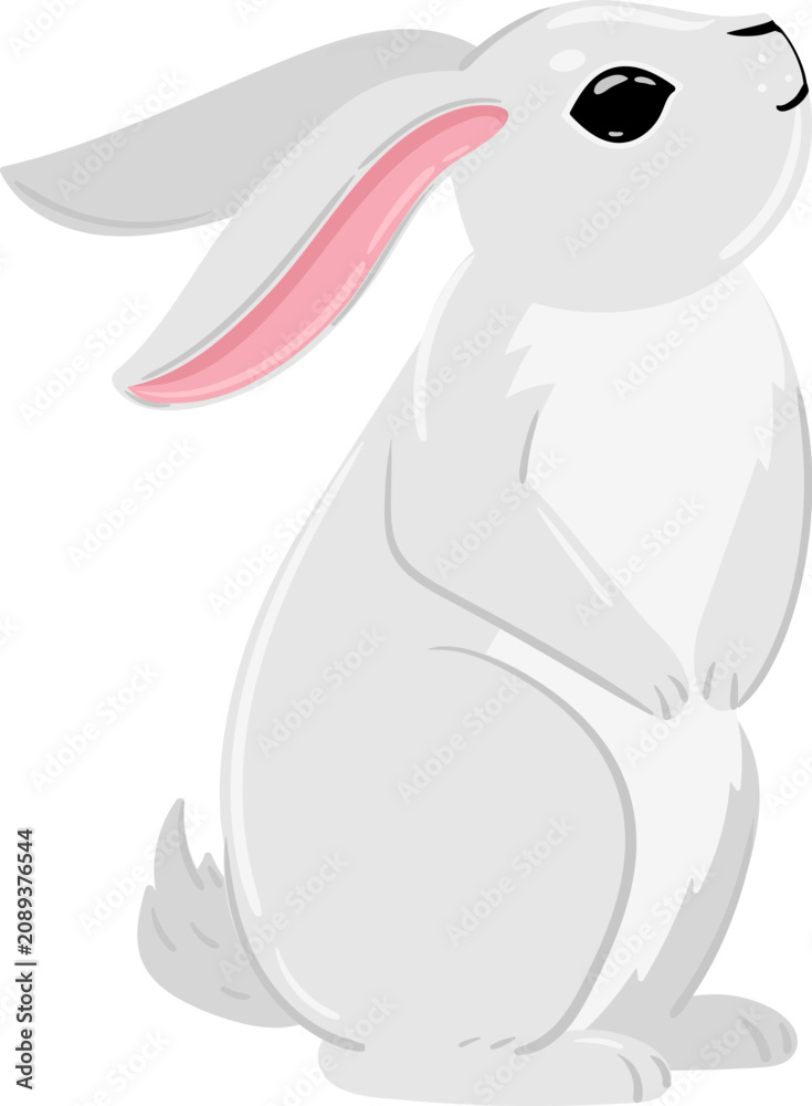 Fototapeta premium Adorable white bunny with pink ears standing upright on a plain background