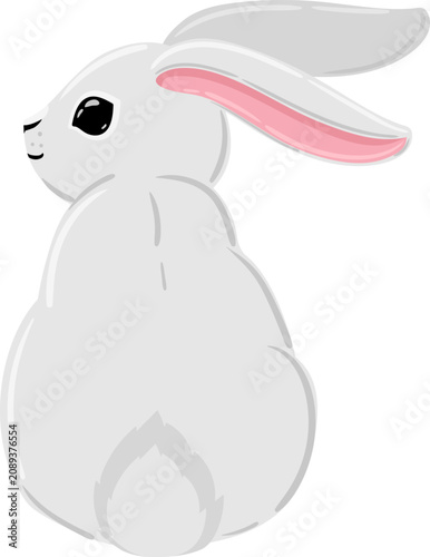White rabbit looking back sitting cartoon illustration