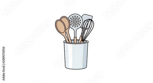 Illustration of kitchen utensil holder with wooden spoons with displays white container