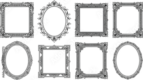 Photos Set of classic rectangular and oval ornate picture frames, decorative borders, a