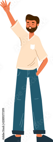 Beard man standing, raising hand in gesture of greeting or asking question