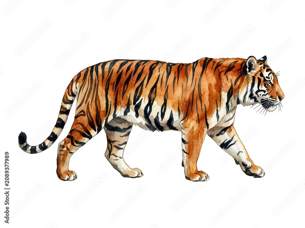 Obraz premium Majestic tiger walking with detailed orange fur and bold black stripes captured in a beautiful artistic watercolor style illustration on a clean white background to showcase this powerful wild feline